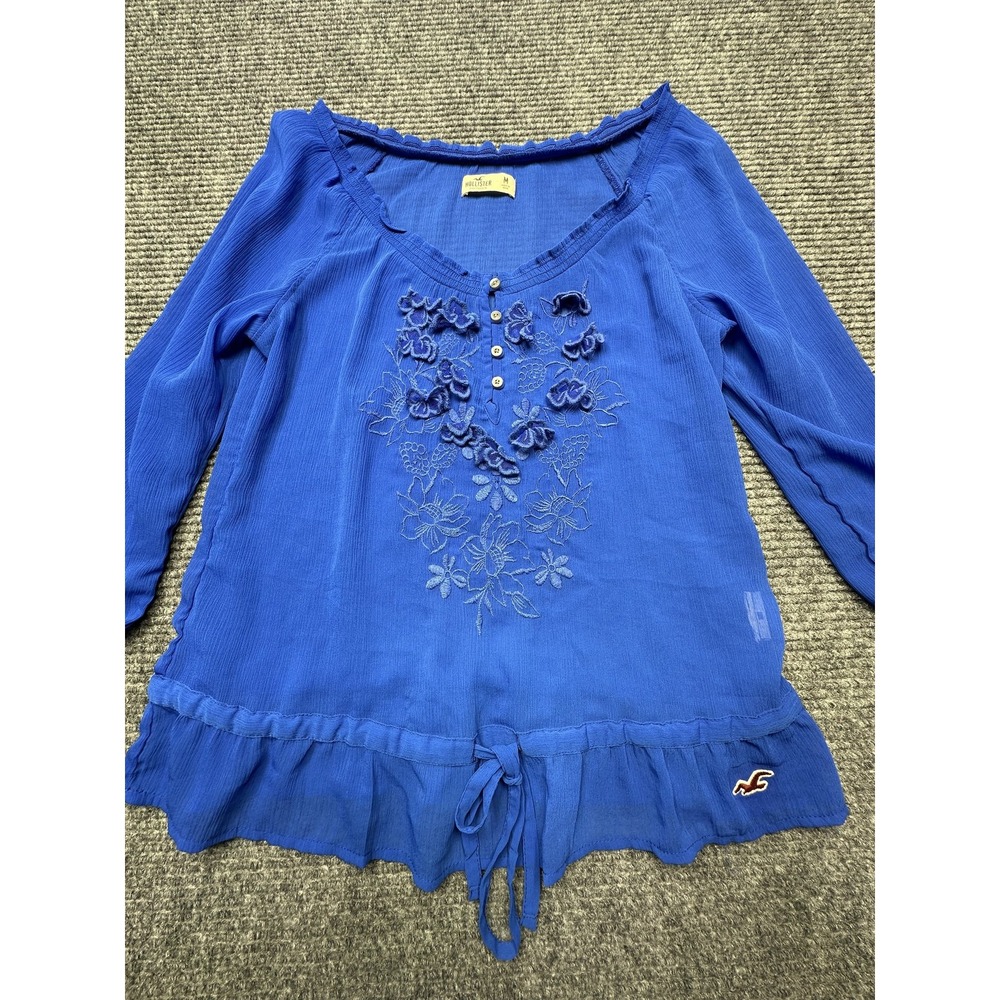 Hollister Blouse Womens Medium Blue Long Sleeve Embroidered Boho Floral Top Tie